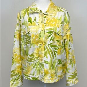 iOS Floral Chic Tropical Bright Yellow Green Cotton Blend Button Down Jacket XL
